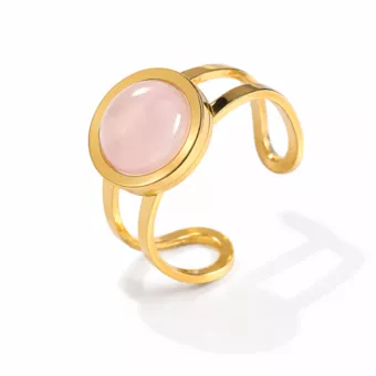 Gold-Plated Stainless Steel Ring with Round Rose Quartz