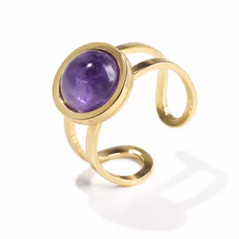 Round Gold-Plated Stainless Steel Ring with Amethyst