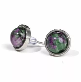 Stainless Steel Round Stud Earrings with Ruby Zoisite A 10mm