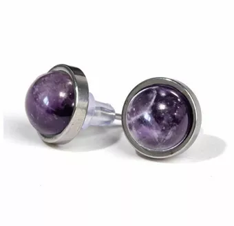 Round Stainless Steel Amethyst Earrings, A Stud, 10mm