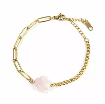 Pink Quartz Cross Bracelet A in Gold-Plated Stainless Steel 16cm