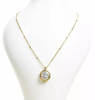 Gold Stainless Steel Chain Necklace Round Baroque Pearl Pendant A
