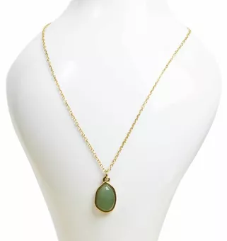 Gold Stainless Steel Necklace with Geometric Green Aventurine A Pendant 15mm