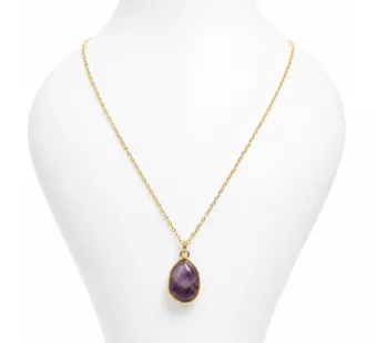 Gold Stainless Steel Necklace with Geometric Amethyst AA Pendant 15mm