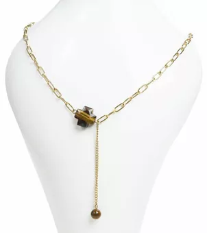 Gold Stainless Steel Necklace with Faceted Tiger’s Eye A Cross Pendant