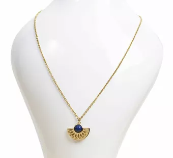 Gold Stainless Steel Necklace with Aztec Lapis Lazuli AA Pendant 6mm