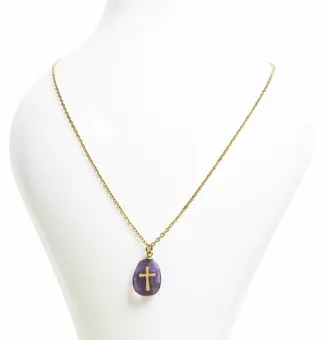 Gold Stainless Steel Necklace with Amethyst A and Cross