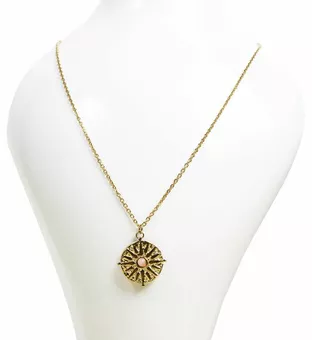 Gold Stainless Steel Sun Necklace with Rose Quartz A