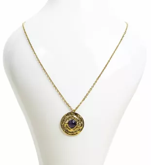 Gold Stainless Steel Necklace with Round Amethyst A Pendant 18.6mm