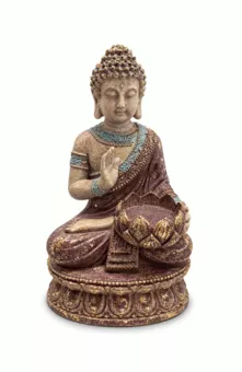 Mauve and Golden Abhaya Buddha Statue with Lotus in Resin 25 cm