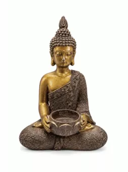 Brown and Gold Resin Meditation Buddha Statue with Bowl 25 cm