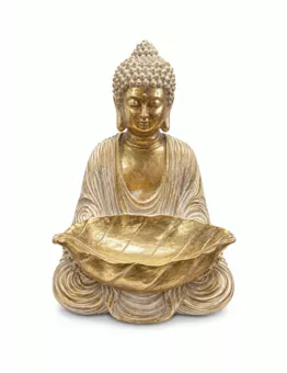 Buddha Statue with White and Gold Leaf Bowl in Resin, 30 cm