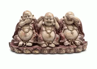 Purple and Gold Resin Statue of 3 Laughing Buddhas of Wisdom 9 cm