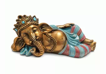 Blue Turquoise and Gold Reclining Ganesh Statue in Resin 31 cm
