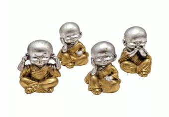 Set of 4 Silver and Gold Wisdom Monks in Resin, 5.5 cm