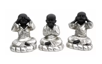 Set of 3 Black and Silver Resin Wise Monk Statues 8cm