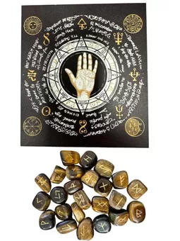 Tiger's Eye Futhark Rune Box in Cloth Bag 10x11cm