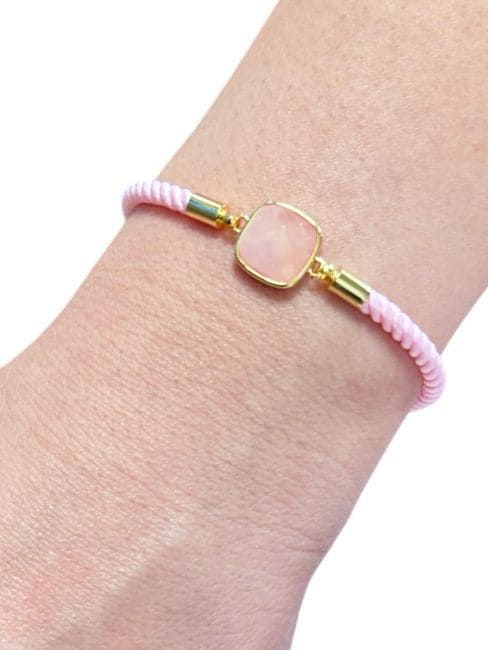 Faceted Square Rose Quartz Brass Rope Bracelet 11mm