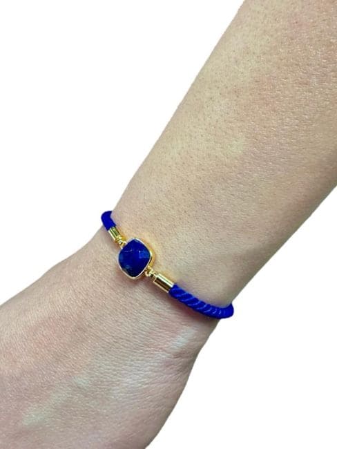 Faceted Square Lapis Lazuli Brass Rope Bracelet 11mm