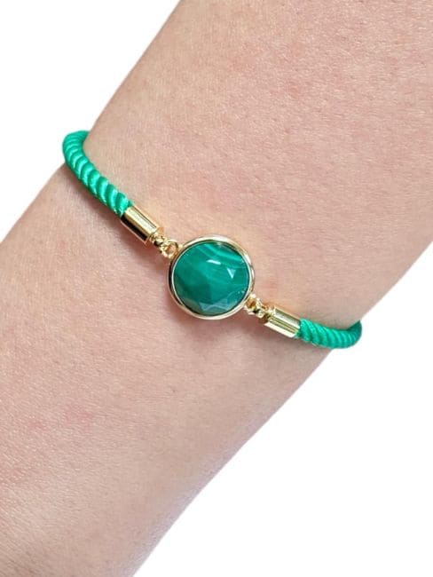 Round Faceted Malachite Brass Rope Bracelet 12mm