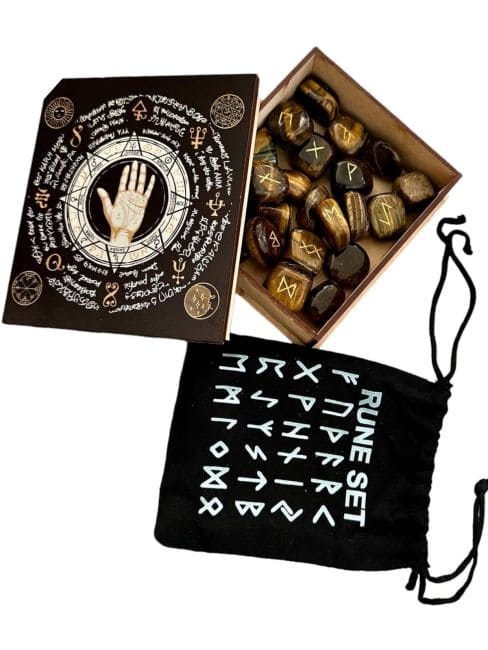 incense at Tiger's Eye Futhark Rune Box in Cloth Bag 10x11cm|gb