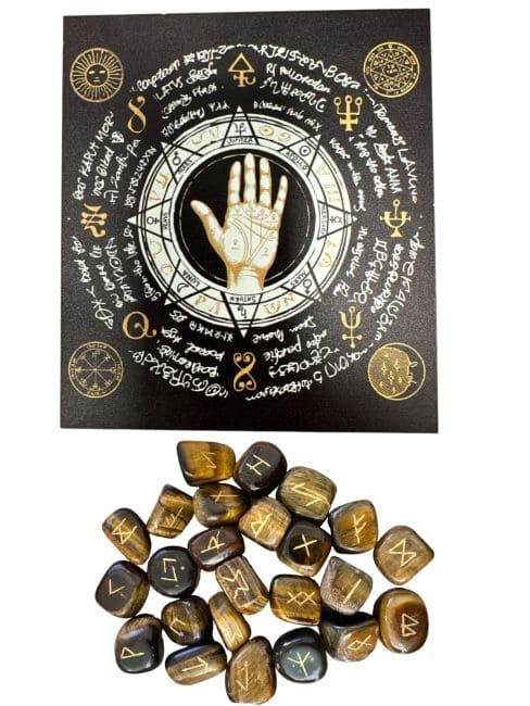 incense at Tiger's Eye Futhark Rune Box in Cloth Bag 10x11cm