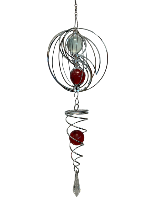 Wind chime 3D steel yin yang spiral with red ball 10cm