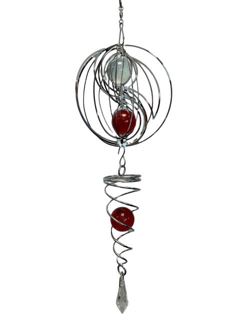 Wind chime 3D steel yin yang spiral with red ball 10cm