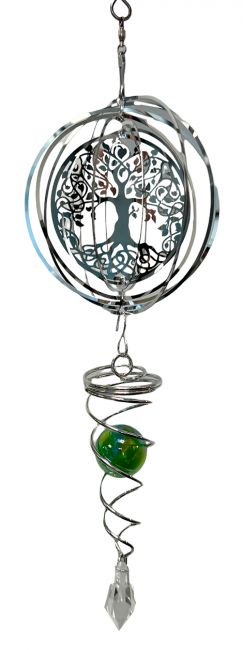 Wind chime 3D steel tree of life spiral with green ball 10cm