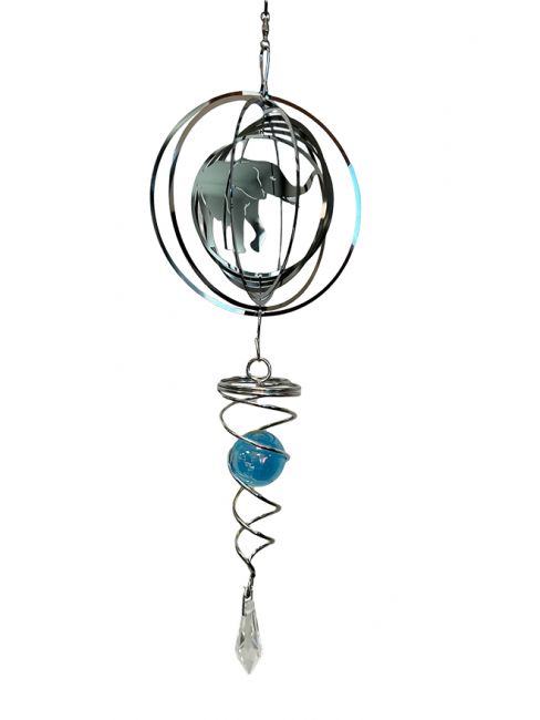 Wind chime 3D steel spiral elephant with turquoise ball 10cm