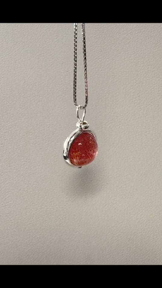 925 Silver Necklace with Hematoid Strawberry Quartz Ball Pendant A 10mm