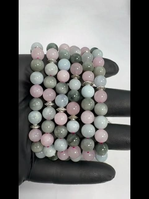 Aquamarine, Rose Quartz, Falcon's eye & Charms A 8mm pearls bracelacet