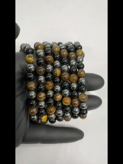8mm pearls Hematite, Tiger Eye, Black Obsidian bracelet