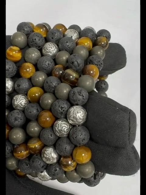 Tiger's eye, Pyrite, Lava Stone & Charms A 8mm pearls bracelacet