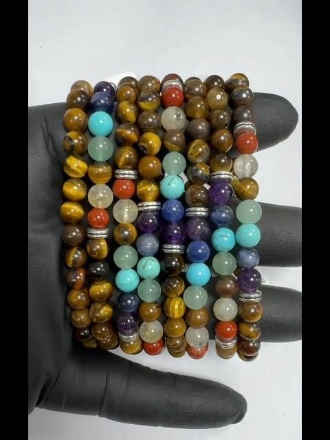 7 chakras Tiger's eye A 6mm pearls bracelet