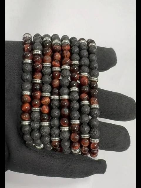 Bull's eye Lava Stone & Charms A 6mm pearls bracelacet