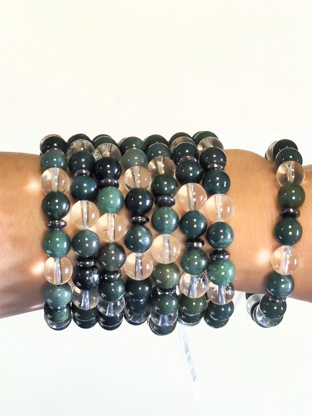 Rock Crystal Bracelet, Moss Agate Beads 8mm