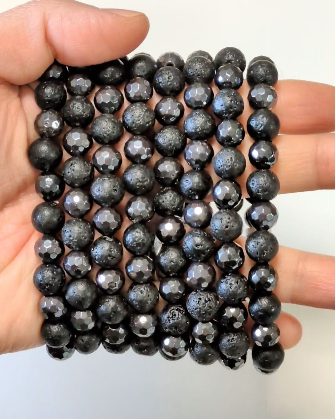 Faceted Hematite Bracelet, Lava Stone Beads 8mm