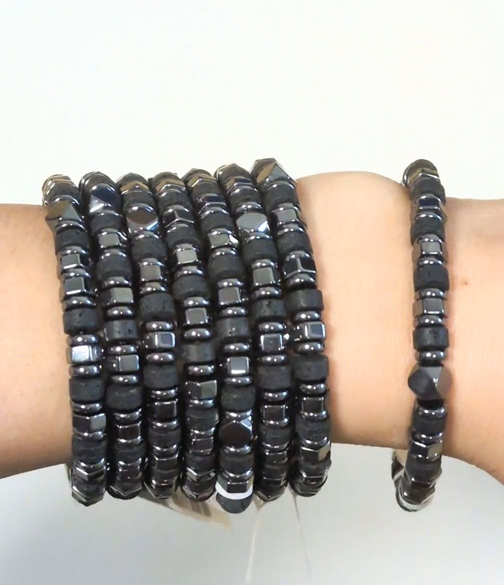 Lava stone bracelet, hematite beads 6 mm