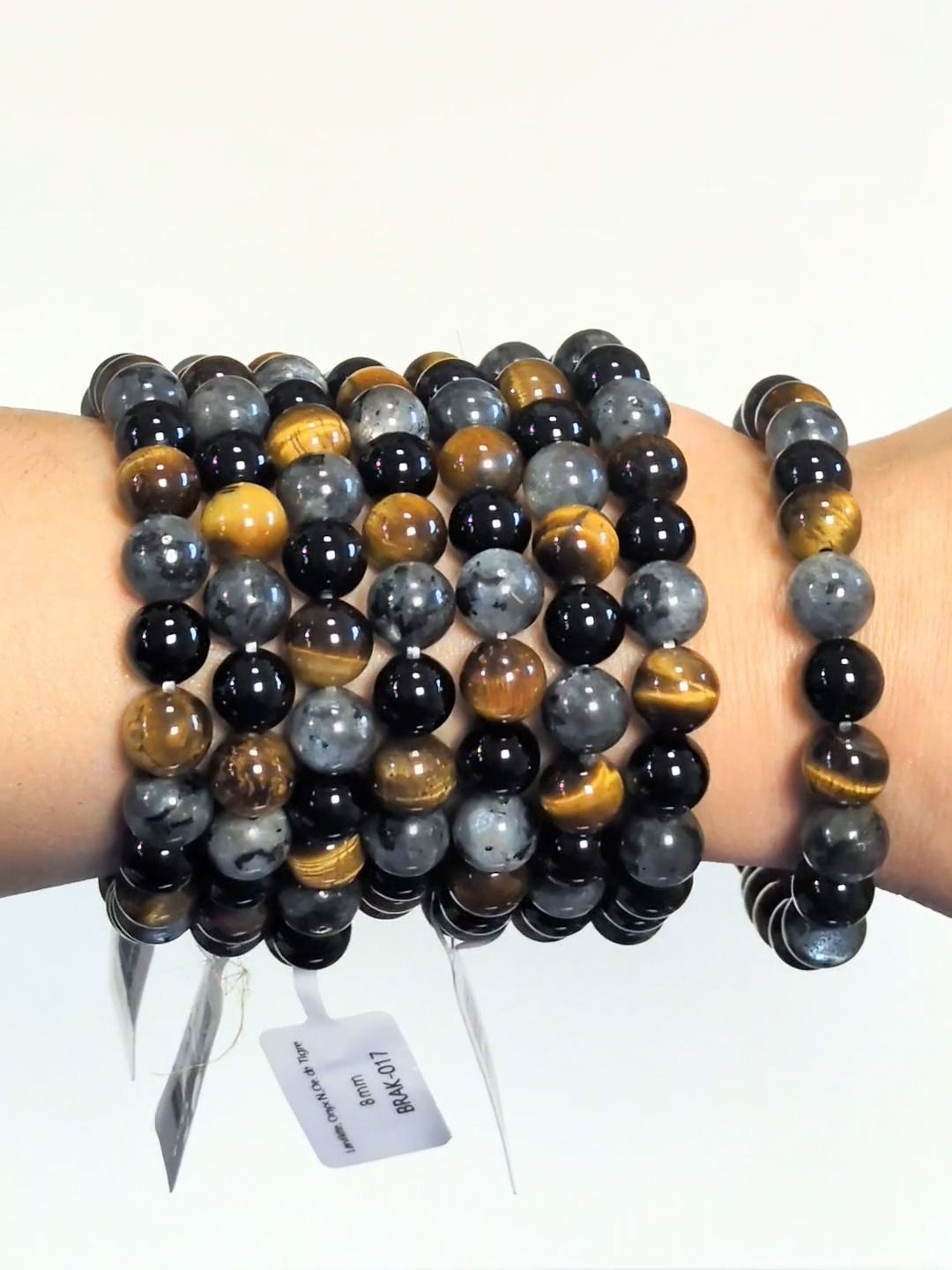 Larvikite, Tiger's Eye, and Black Onyx bracelet with 8mm beads