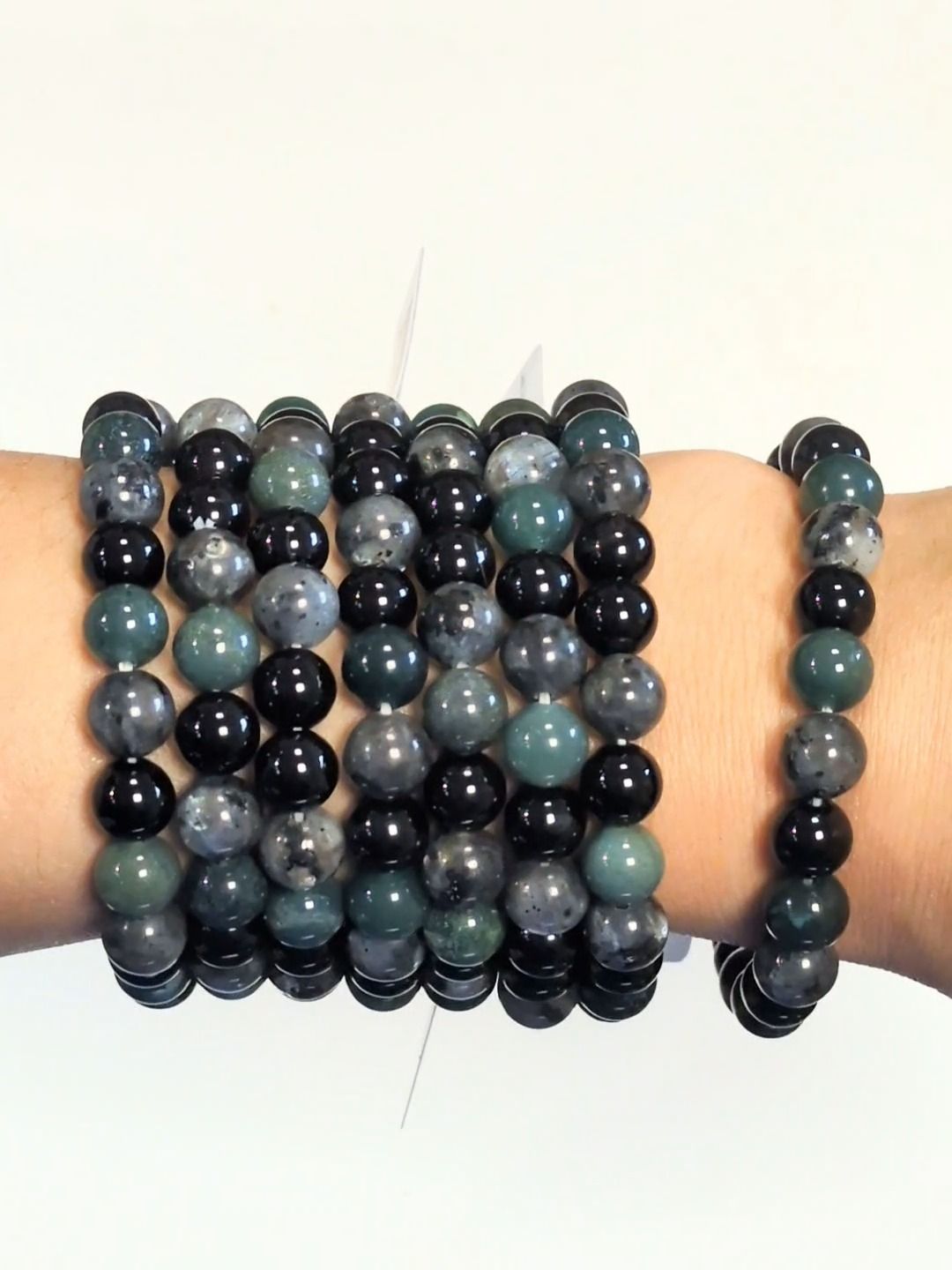 Bracelet Larvikite, Moss Agate, Black Onyx beads 8 mm