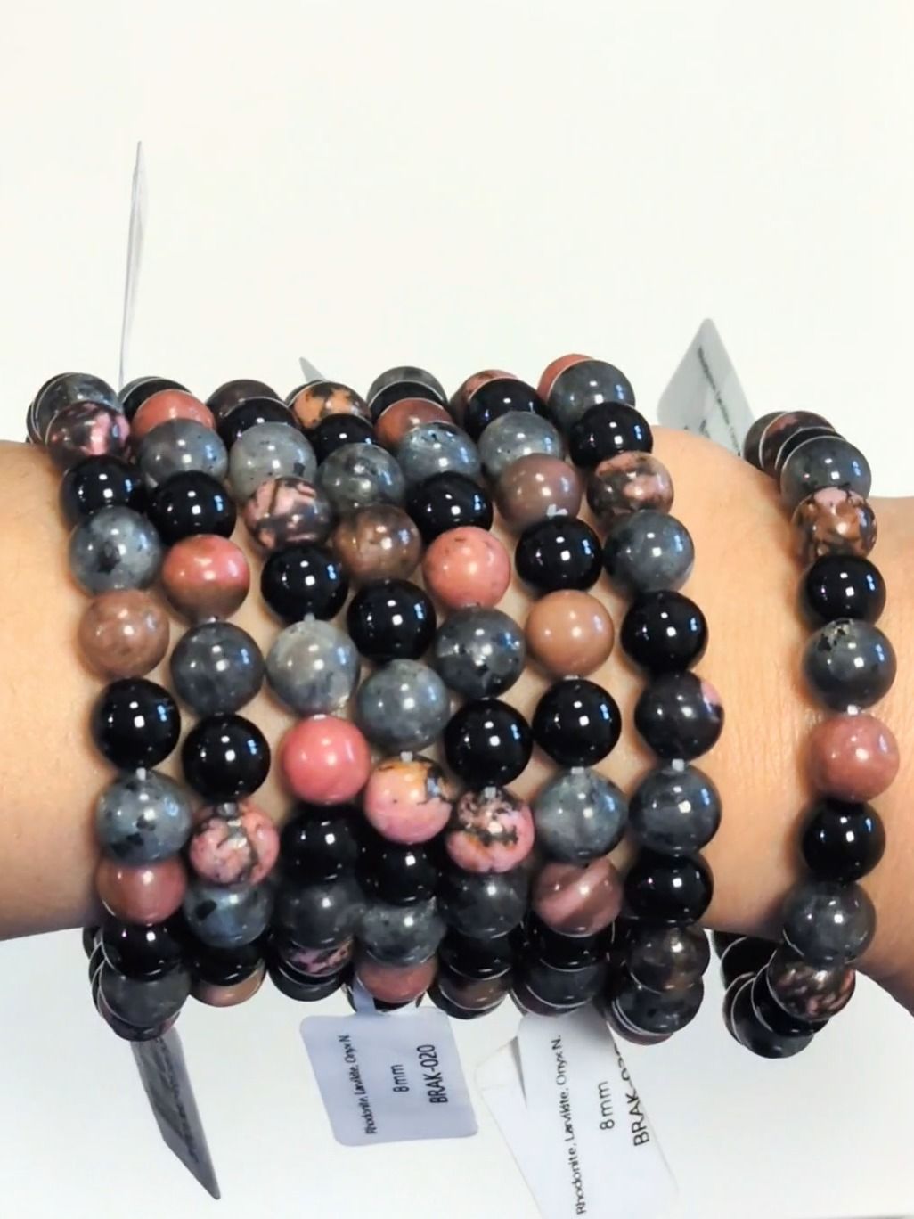 Bracelet Rhodonite, Larvikite, Black Onyx beads 8 mm