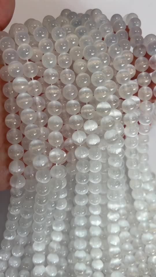 Selenite Cat's Eye AA 8mm pearls on string