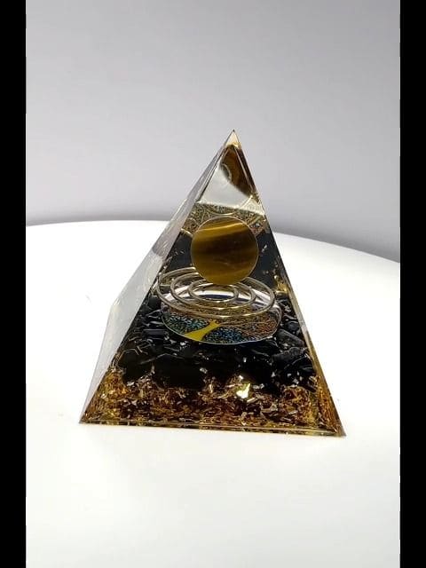 Orgonite Pyramid Tiger's Eye & Black Obsidian Tree of Life & Spiral