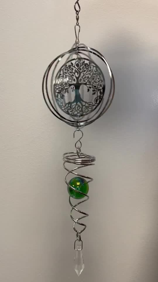 Wind chime 3D steel tree of life spiral with green ball 10cm