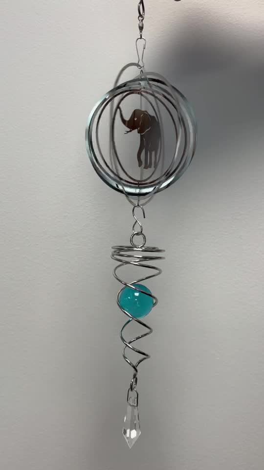 Wind chime 3D steel spiral elephant with turquoise ball 10cm